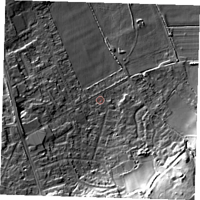 Shaded relief map of the ground around BR28LJ, computed from Environment Agency LiDAR. The ground here sits at about 69 m above sea level and falls 25 m across the surrounding 800 m. Surface water reaching this point runs off ground lying to the south, 11.7 m higher.