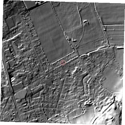 Shaded relief map of the ground around BR28LP, computed from Environment Agency LiDAR. The ground here sits at about 69 m above sea level and falls 23 m across the surrounding 800 m. Surface water reaching this point runs off ground lying to the south-south-west, 7.9 m higher.