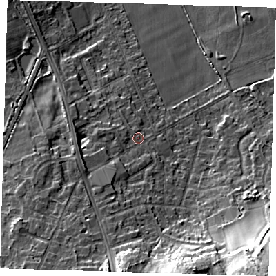 Shaded relief map of the ground around BR28LR, computed from Environment Agency LiDAR. The ground here sits at about 71 m above sea level and falls 25 m across the surrounding 800 m. Surface water reaching this point runs off ground lying to the south-south-west, 6.9 m higher.