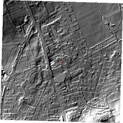 Shaded relief map of the ground around BR28LU, computed from Environment Agency LiDAR. The ground here sits at about 72 m above sea level and falls 21 m across the surrounding 800 m. Surface water reaching this point runs off ground lying to the south, 5.7 m higher.