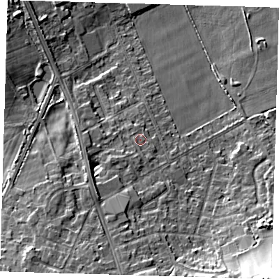 Shaded relief map of the ground around BR28LX, computed from Environment Agency LiDAR. The ground here sits at about 70 m above sea level and falls 20 m across the surrounding 800 m. Surface water reaching this point runs off ground lying to the south-west, 2.0 m higher.