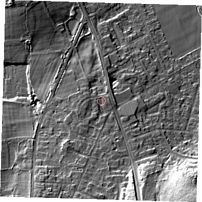 Shaded relief map of the ground around BR28NB, computed from Environment Agency LiDAR. The ground here sits at about 74 m above sea level and falls 25 m across the surrounding 800 m. Surface water reaching this point runs off ground lying to the south-south-east, 12.7 m higher.
