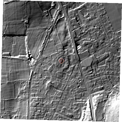 Shaded relief map of the ground around BR28ND, computed from Environment Agency LiDAR. The ground here sits at about 75 m above sea level and falls 23 m across the surrounding 800 m. Surface water reaching this point runs off ground lying to the south, 1.4 m higher.
