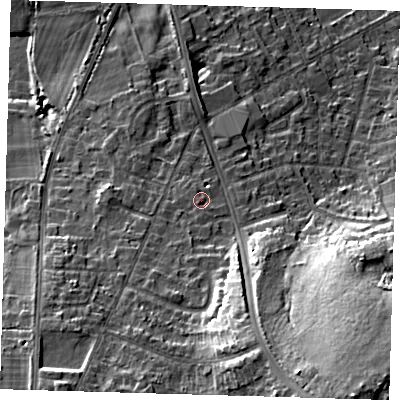 Shaded relief map of the ground around BR28NE, computed from Environment Agency LiDAR. The ground here sits at about 77 m above sea level and falls 29 m across the surrounding 800 m. Surface water reaching this point runs off ground lying to the south, 3.9 m higher.