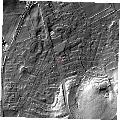 Shaded relief map of the ground around BR28NH, computed from Environment Agency LiDAR. The ground here sits at about 75 m above sea level and falls 28 m across the surrounding 800 m. Surface water reaching this point runs off ground lying to the south, 2.4 m higher.