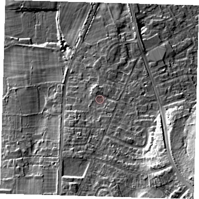 Shaded relief map of the ground around BR28PD, computed from Environment Agency LiDAR. The ground here sits at about 77 m above sea level and falls 26 m across the surrounding 800 m. Surface water reaching this point runs off ground lying to the south-east, 17.9 m higher.