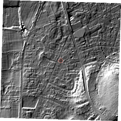 Shaded relief map of the ground around BR28PE, computed from Environment Agency LiDAR. The ground here sits at about 77 m above sea level and falls 29 m across the surrounding 800 m. Surface water reaching this point runs off ground lying to the south, 4.3 m higher.