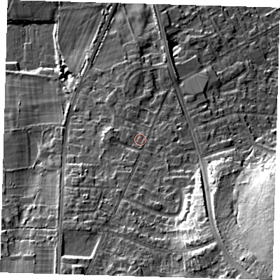 Shaded relief map of the ground around BR28PF, computed from Environment Agency LiDAR. The ground here sits at about 77 m above sea level and falls 28 m across the surrounding 800 m. Surface water reaching this point runs off ground lying to the south, 1.5 m higher.