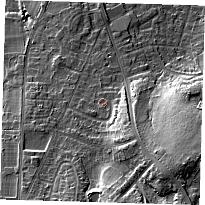 Shaded relief map of the ground around BR28PG, computed from Environment Agency LiDAR. The ground here sits at about 79 m above sea level and falls 28 m across the surrounding 800 m. Surface water reaching this point runs off ground lying to the south-east, 9.0 m higher.