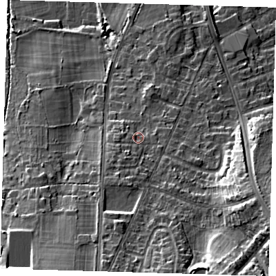 Shaded relief map of the ground around BR28PH, computed from Environment Agency LiDAR. The ground here sits at about 79 m above sea level and falls 24 m across the surrounding 800 m. Surface water reaching this point runs off ground lying to the south-south-west, 2.6 m higher.
