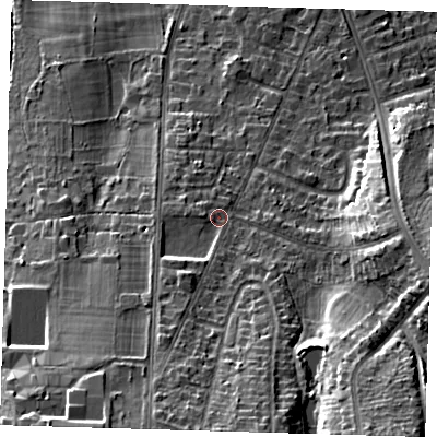 Shaded relief map of the ground around BR28PN, computed from Environment Agency LiDAR. The ground here sits at about 82 m above sea level and falls 27 m across the surrounding 800 m. Surface water reaching this point runs off ground lying to the south-south-west, 11.1 m higher.