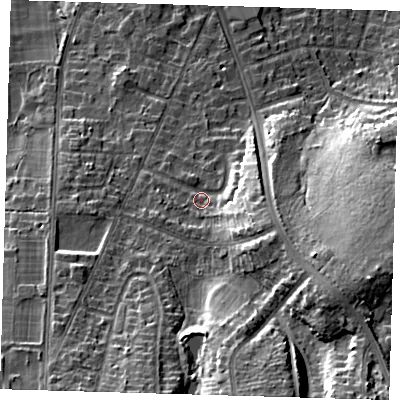 Shaded relief map of the ground around BR28PQ, computed from Environment Agency LiDAR. The ground here sits at about 81 m above sea level and falls 26 m across the surrounding 800 m. Surface water reaching this point runs off ground lying to the east-south-east, 9.4 m higher.