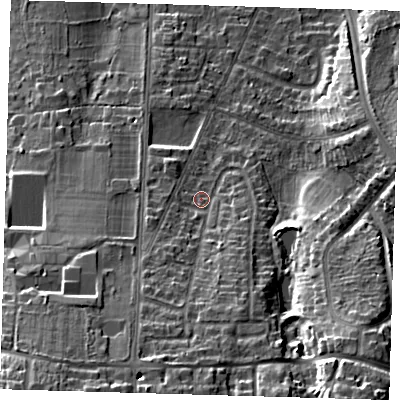 Shaded relief map of the ground around BR28PS, computed from Environment Agency LiDAR. The ground here sits at about 87 m above sea level and falls 30 m across the surrounding 800 m. Surface water reaching this point runs off ground lying to the south-south-west, 13.8 m higher.