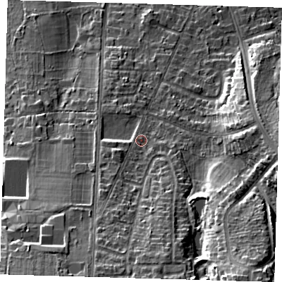 Shaded relief map of the ground around BR28PW, computed from Environment Agency LiDAR. The ground here sits at about 84 m above sea level and falls 28 m across the surrounding 800 m. Surface water reaching this point runs off ground lying to the south-south-west, 8.9 m higher.