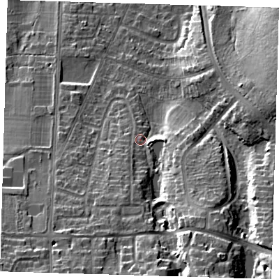 Shaded relief map of the ground around BR28PZ, computed from Environment Agency LiDAR. The ground here sits at about 90 m above sea level and falls 31 m across the surrounding 800 m. Surface water reaching this point runs off ground lying to the south-south-east, 19.7 m higher.
