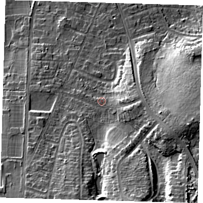 Shaded relief map of the ground around BR28QD, computed from Environment Agency LiDAR. The ground here sits at about 83 m above sea level and falls 28 m across the surrounding 800 m. Surface water reaching this point runs off ground lying to the south-south-east, 17.8 m higher.