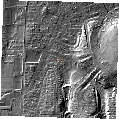 Shaded relief map of the ground around BR28QE, computed from Environment Agency LiDAR. The ground here sits at about 83 m above sea level and falls 29 m across the surrounding 800 m. Surface water reaching this point runs off ground lying to the south-south-east, 19.1 m higher.
