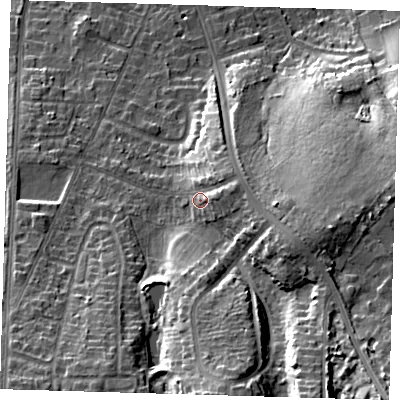 Shaded relief map of the ground around BR28QF, computed from Environment Agency LiDAR. The ground here sits at about 86 m above sea level and falls 30 m across the surrounding 800 m. Surface water reaching this point runs off ground lying to the east-north-east, 6.2 m higher.