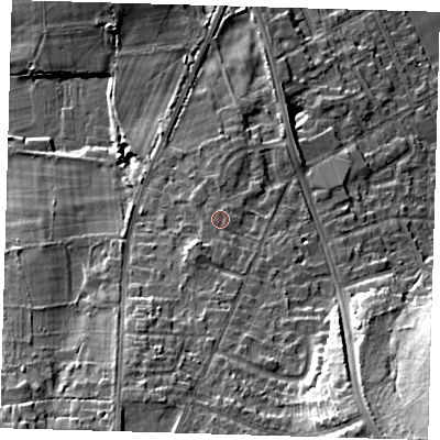 Shaded relief map of the ground around BR28QU, computed from Environment Agency LiDAR. The ground here sits at about 76 m above sea level and falls 25 m across the surrounding 800 m. Surface water reaching this point runs off ground lying to the south-south-east, 1.6 m higher.