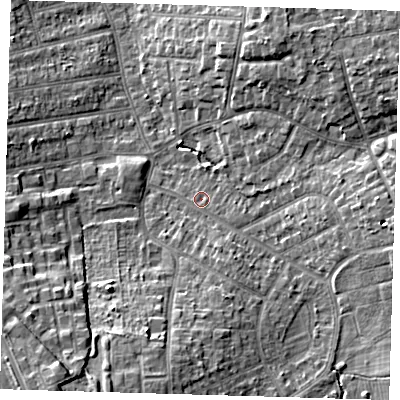 Shaded relief map of the ground around BR28QX, computed from Environment Agency LiDAR. The ground here sits at about 60 m above sea level and falls 13 m across the surrounding 800 m. Surface water reaching this point runs off ground lying to the south-south-east, 2.1 m higher.