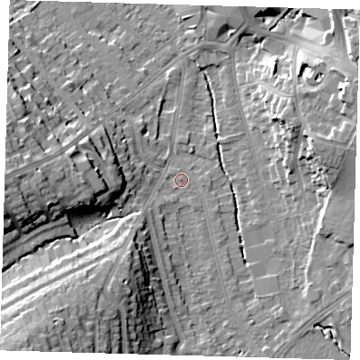 Shaded relief map of the ground around BR29AA, computed from Environment Agency LiDAR. The ground here sits at about 45 m above sea level and falls 23 m across the surrounding 800 m. Surface water reaching this point runs off ground lying to the south-west, 18.3 m higher.