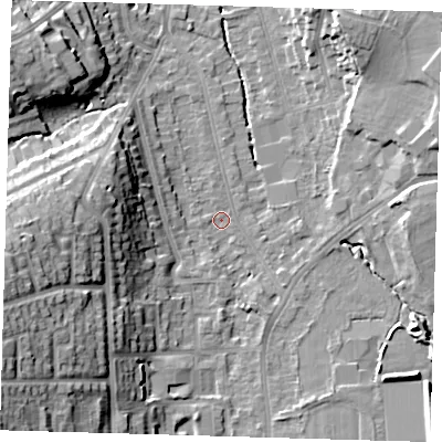 Shaded relief map of the ground around BR29AB, computed from Environment Agency LiDAR. The ground here sits at about 46 m above sea level and falls 23 m across the surrounding 800 m. Surface water reaching this point runs off ground lying to the south-south-east, 2.5 m higher.