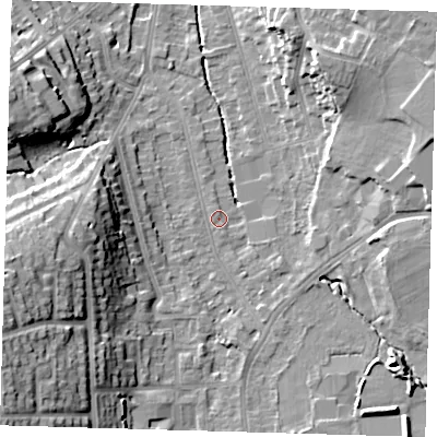 Shaded relief map of the ground around BR29AE, computed from Environment Agency LiDAR. The ground here sits at about 46 m above sea level and falls 22 m across the surrounding 800 m. Surface water reaching this point runs off ground lying to the east-north-east, 10.4 m higher.