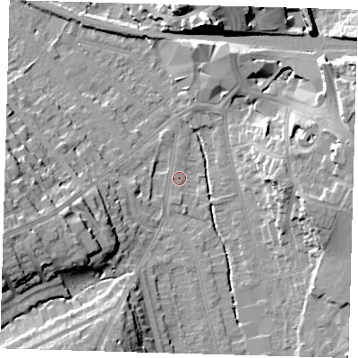 Shaded relief map of the ground around BR29AF, computed from Environment Agency LiDAR. The ground here sits at about 43 m above sea level and falls 21 m across the surrounding 800 m. Surface water reaching this point runs off ground lying to the west-south-west, 17.9 m higher.