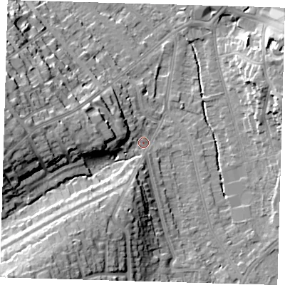 Shaded relief map of the ground around BR29AR, computed from Environment Agency LiDAR. The ground here sits at about 46 m above sea level and falls 25 m across the surrounding 800 m. Surface water reaching this point runs off ground lying to the south-west, 21.3 m higher.