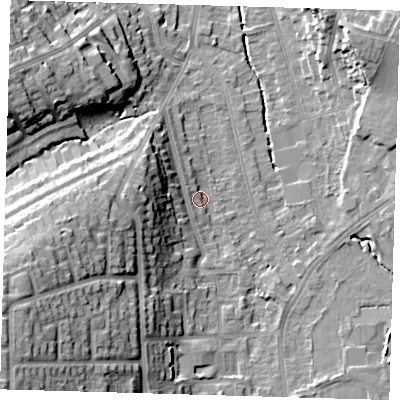 Shaded relief map of the ground around BR29AS, computed from Environment Agency LiDAR. The ground here sits at about 47 m above sea level and falls 27 m across the surrounding 800 m. Surface water reaching this point runs off ground lying to the south-west, 22.3 m higher.