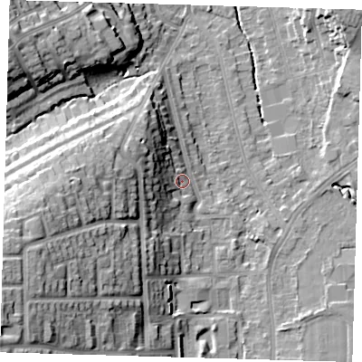 Shaded relief map of the ground around BR29AT, computed from Environment Agency LiDAR. The ground here sits at about 48 m above sea level and falls 29 m across the surrounding 800 m. Surface water reaching this point runs off ground lying to the west-north-west, 9.5 m higher.