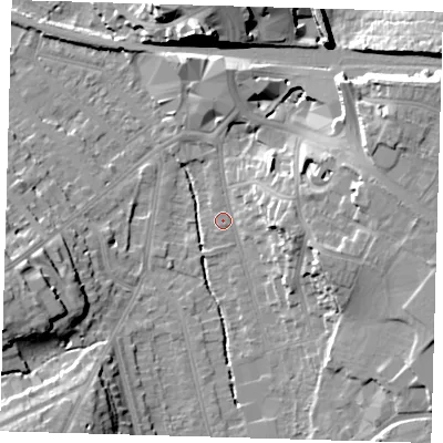 Shaded relief map of the ground around BR29AW, computed from Environment Agency LiDAR. The ground here sits at about 44 m above sea level and falls 20 m across the surrounding 800 m. Surface water reaching this point runs off ground lying to the east-south-east, 13.6 m higher.