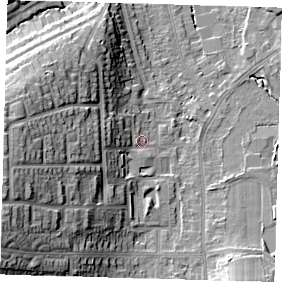 Shaded relief map of the ground around BR29BA, computed from Environment Agency LiDAR. The ground here sits at about 49 m above sea level and falls 26 m across the surrounding 800 m. Surface water reaching this point runs off ground lying to the west, 11.7 m higher.