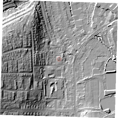 Shaded relief map of the ground around BR29BD, computed from Environment Agency LiDAR. The ground here sits at about 48 m above sea level and falls 23 m across the surrounding 800 m. Surface water reaching this point runs off ground lying to the west-south-west, 2.0 m higher.