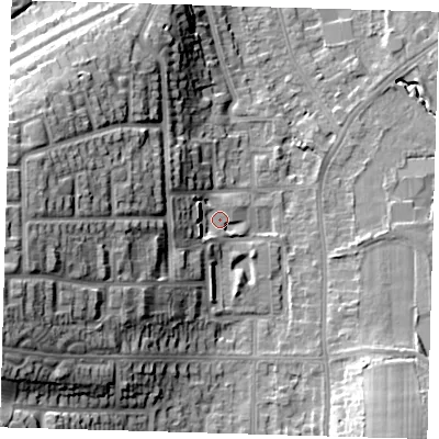 Shaded relief map of the ground around BR29BE, computed from Environment Agency LiDAR. The ground here sits at about 49 m above sea level and falls 25 m across the surrounding 800 m. Surface water reaching this point runs off ground lying to the west-north-west, 6.9 m higher.