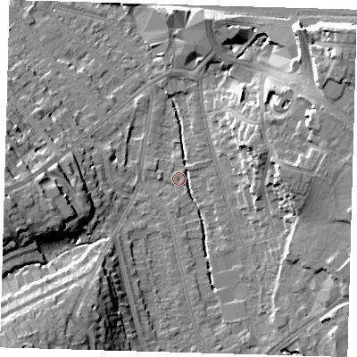 Shaded relief map of the ground around BR29BH, computed from Environment Agency LiDAR. The ground here sits at about 44 m above sea level and falls 21 m across the surrounding 800 m. Surface water reaching this point runs off ground lying to the east-south-east, 11.2 m higher.