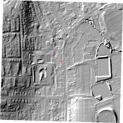 Shaded relief map of the ground around BR29EE, computed from Environment Agency LiDAR. The ground here sits at about 48 m above sea level and falls 17 m across the surrounding 800 m. Surface water reaching this point runs off ground lying to the south-south-east, 9.5 m higher.