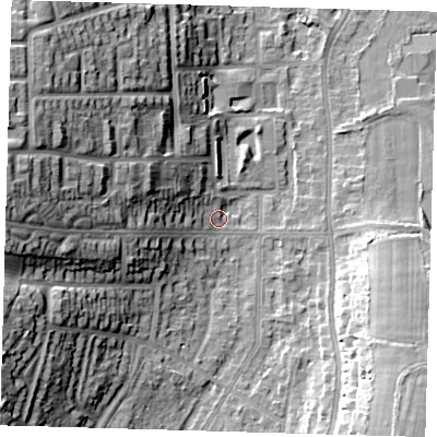 Shaded relief map of the ground around BR29EW, computed from Environment Agency LiDAR. The ground here sits at about 50 m above sea level and falls 24 m across the surrounding 800 m. Surface water reaching this point runs off ground lying to the west, 21.8 m higher.