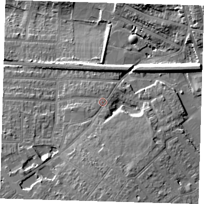 Shaded relief map of the ground around BR29LE, computed from Environment Agency LiDAR. The ground here sits at about 55 m above sea level and falls 16 m across the surrounding 800 m. Surface water reaching this point runs off ground lying to the south, 6.9 m higher.