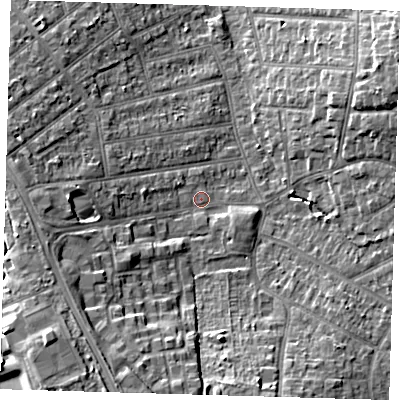 Shaded relief map of the ground around BR29PJ, computed from Environment Agency LiDAR. The ground here sits at about 60 m above sea level and falls 13 m across the surrounding 800 m. Surface water reaching this point runs off ground lying to the south-west, 9.8 m higher.
