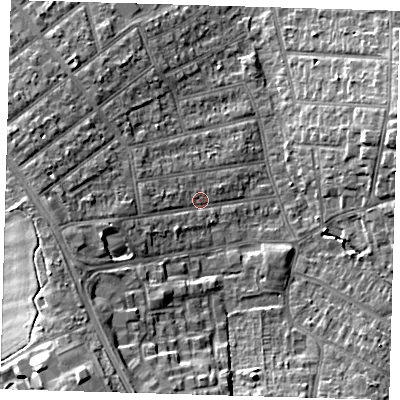 Shaded relief map of the ground around BR29PL, computed from Environment Agency LiDAR. The ground here sits at about 61 m above sea level and falls 14 m across the surrounding 800 m. Surface water reaching this point runs off ground lying to the west-south-west, 4.6 m higher.