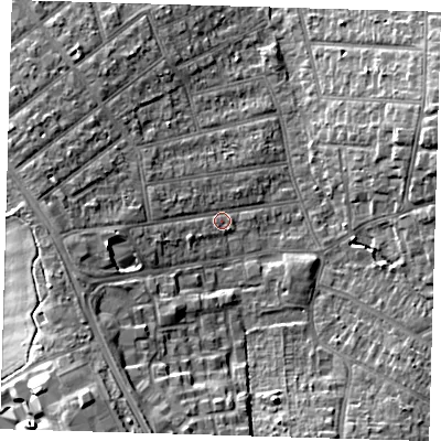 Shaded relief map of the ground around BR29PP, computed from Environment Agency LiDAR. The ground here sits at about 61 m above sea level and falls 13 m across the surrounding 800 m. Surface water reaching this point runs off ground lying to the west, 4.8 m higher.