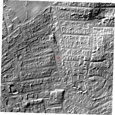 Shaded relief map of the ground around BR29PU, computed from Environment Agency LiDAR. The ground here sits at about 58 m above sea level and falls 12 m across the surrounding 800 m. Surface water reaching this point runs off ground lying to the east, 8.3 m higher.