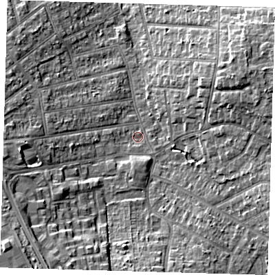 Shaded relief map of the ground around BR29PX, computed from Environment Agency LiDAR. The ground here sits at about 59 m above sea level and falls 13 m across the surrounding 800 m. Surface water reaching this point runs off ground lying to the south-south-west, 8.7 m higher.