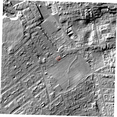 Shaded relief map of the ground around BR29QY, computed from Environment Agency LiDAR. The ground here sits at about 56 m above sea level and falls 15 m across the surrounding 800 m. Surface water reaching this point runs off ground lying to the south-south-west, 9.8 m higher.