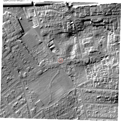 Shaded relief map of the ground around BR29QZ, computed from Environment Agency LiDAR. The ground here sits at about 56 m above sea level and falls 19 m across the surrounding 800 m. Surface water reaching this point runs off ground lying to the east-north-east, 8.2 m higher.
