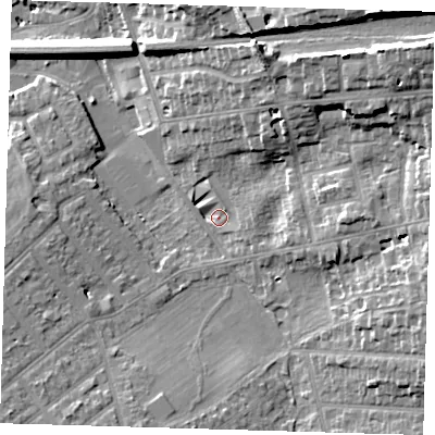 Shaded relief map of the ground around BR29RB, computed from Environment Agency LiDAR. The ground here sits at about 56 m above sea level and falls 23 m across the surrounding 800 m. Surface water reaching this point runs off ground lying to the north-east, 17.3 m higher.