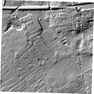 Shaded relief map of the ground around BR29RQ, computed from Environment Agency LiDAR. The ground here sits at about 56 m above sea level and falls 21 m across the surrounding 800 m. Surface water reaching this point runs off ground lying to the west-south-west, 5.3 m higher.