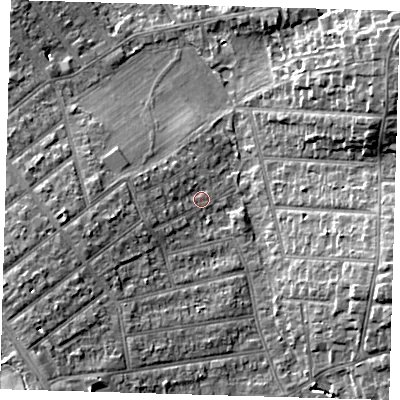 Shaded relief map of the ground around BR29SD, computed from Environment Agency LiDAR. The ground here sits at about 58 m above sea level and falls 13 m across the surrounding 800 m. Surface water reaching this point runs off ground lying to the west-south-west, 3.1 m higher.