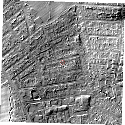Shaded relief map of the ground around BR29SL, computed from Environment Agency LiDAR. The ground here sits at about 59 m above sea level and falls 12 m across the surrounding 800 m. Surface water reaching this point runs off ground lying to the west-south-west, 3.4 m higher.
